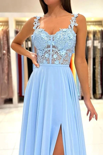 Blue Chiffon A-line Prom Dresses With Lace Appliques, Evening dresses