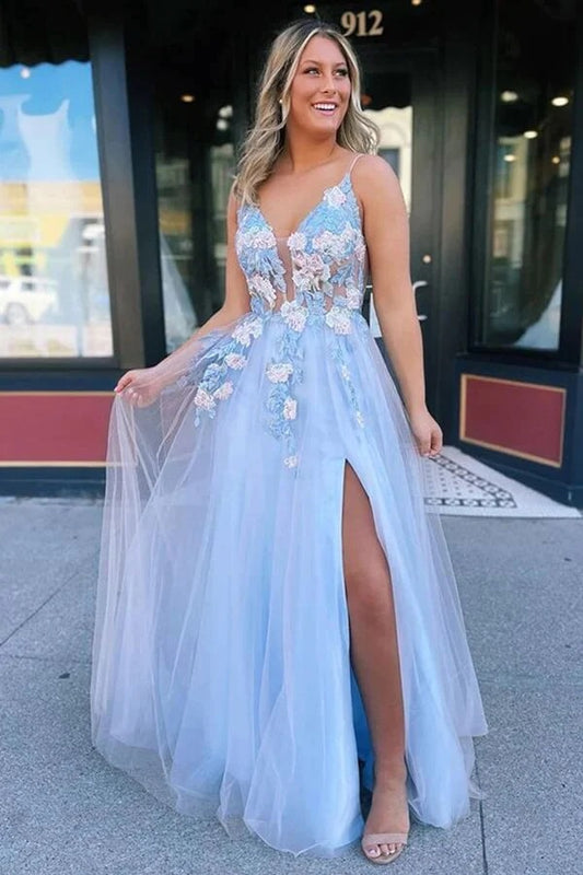 V-neck Lace Flowers Blue Tulle A-line Long Prom Dresses, Evening Dress