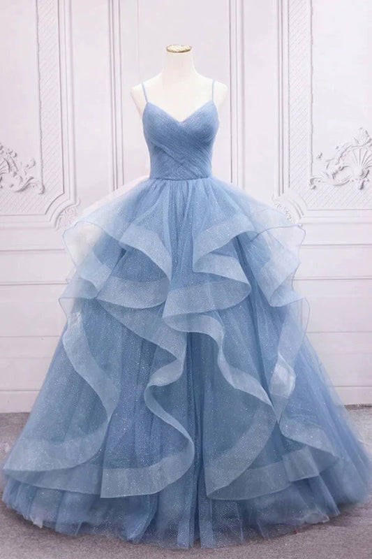 A-line Blue Tulle V-neck Sequins Sparkly Prom Dresses, Long Formal Dresses