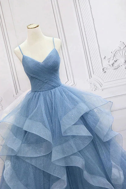 A-line Blue Tulle V-neck Sequins Sparkly Prom Dresses, Long Formal Dresses