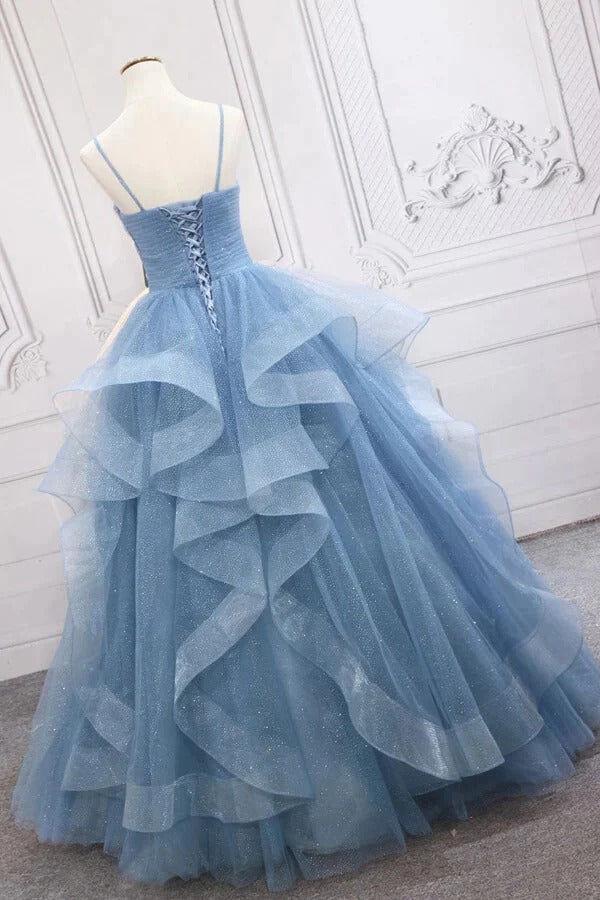 A-line Blue Tulle V-neck Sequins Sparkly Prom Dresses, Long Formal Dresses