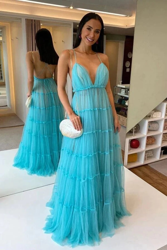 V-neck Floor Length Blue Tulle Tiered A-line Prom Dresses, Evening Dresses