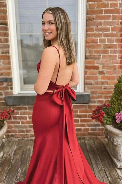 Mermaid Burgundy Satin Backless V-neck Prom Dresses, Evening Dresses,BD930744