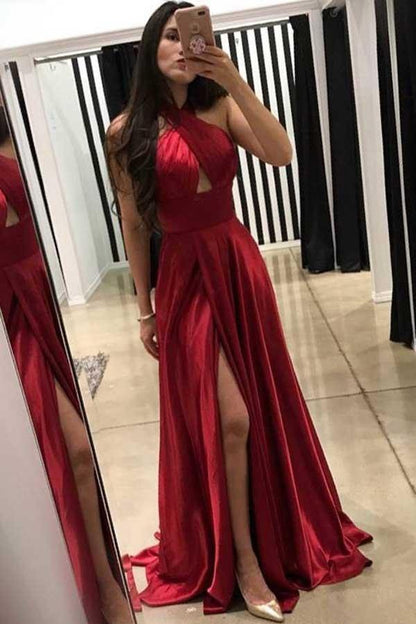 Dark Red A-line Cross Neck Floor-Length Long Prom Dresses With Side Slit