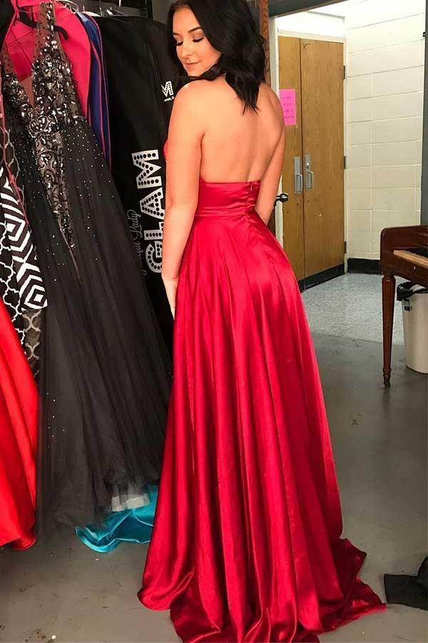 Dark Red A-line Cross Neck Floor-Length Long Prom Dresses With Side Slit