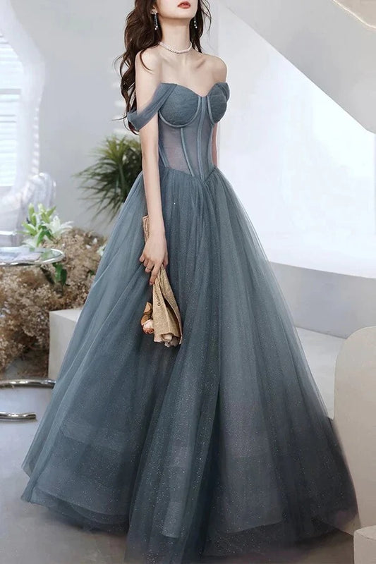 Gray Tulle Off the Shoulder Long A-line Prom Dresses, Evening Dresses