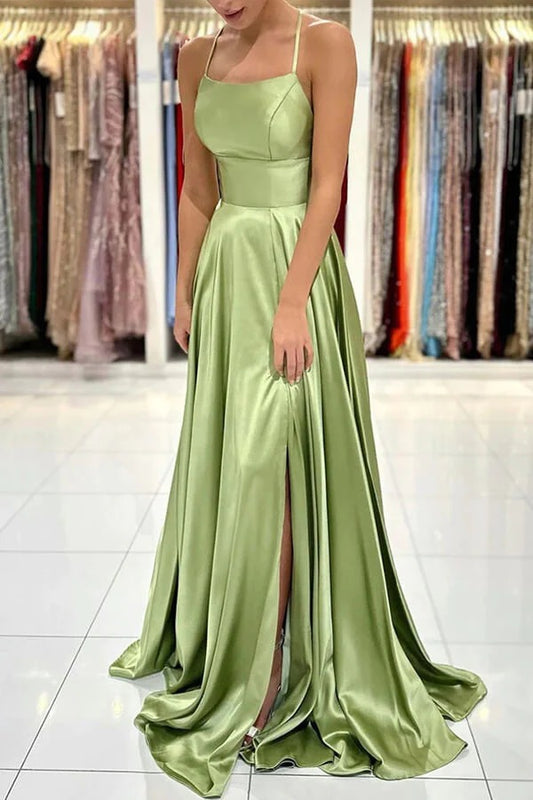 Simple Green Satin A-line Backless Prom Dresses, Party Dresses