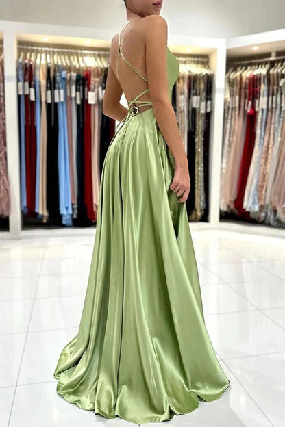 Simple Green Satin A-line Backless Prom Dresses, Party Dresses