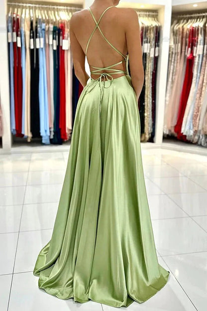 Simple Green Satin A-line Backless Prom Dresses, Party Dresses