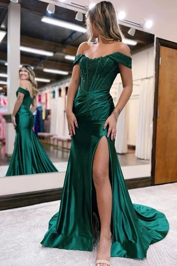 Off Shoulder Green Satin Lace Mermaid Prom Dresses, Evening Dresses