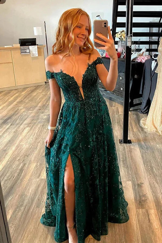 Green Off Shoulder Tulle A-line Lace Appliques Prom Dresses