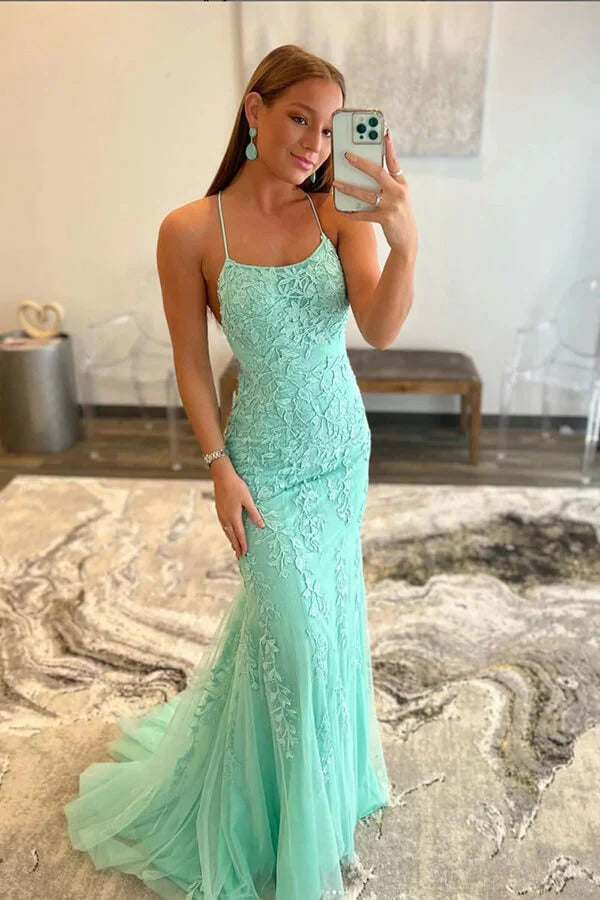 Lace Appliques Green Tulle Mermaid Long Prom Dresses, Evening Dresses