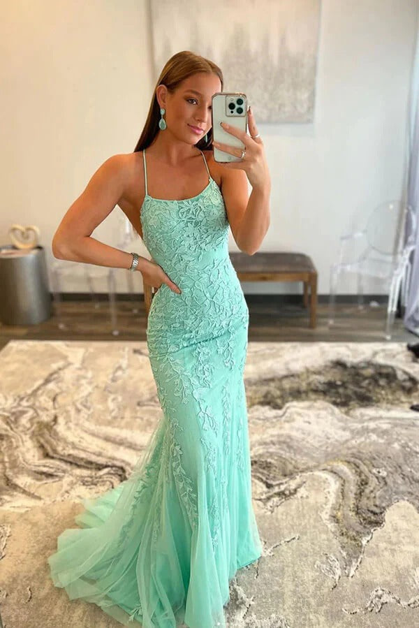 Lace Appliques Green Tulle Mermaid Long Prom Dresses, Evening Dresses