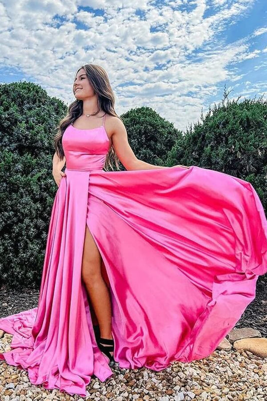 Hot Pink Satin Scoop Long A-line Prom Dresses, Evening Dress