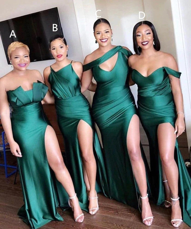 Off-The-Shoulder Strapless Elastic Satin Emerald Green Bridesmaid Dresses