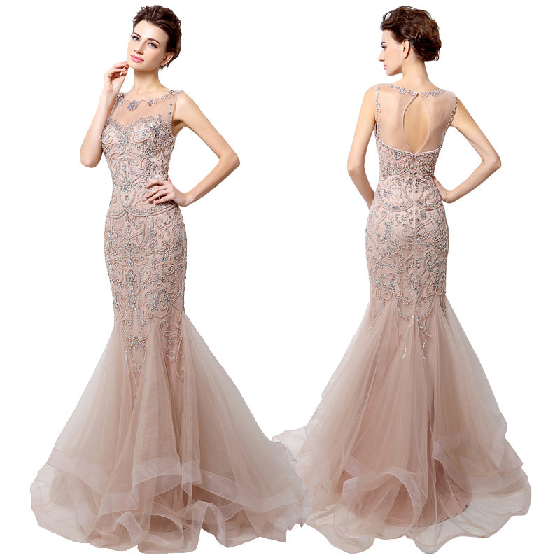 Champagne Mermaid Long Prom Dresses Formal Evening Dress