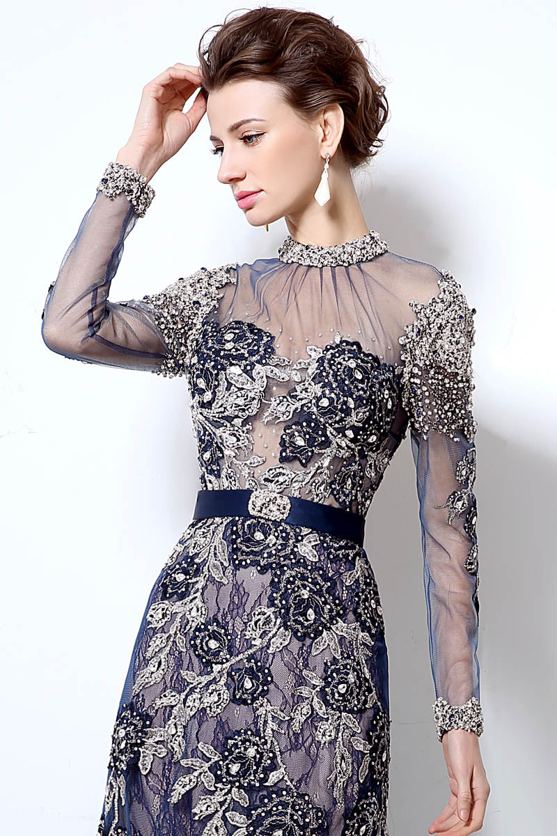 Navy Long Sleeves Formal Prom Dresses Long Evening Dress