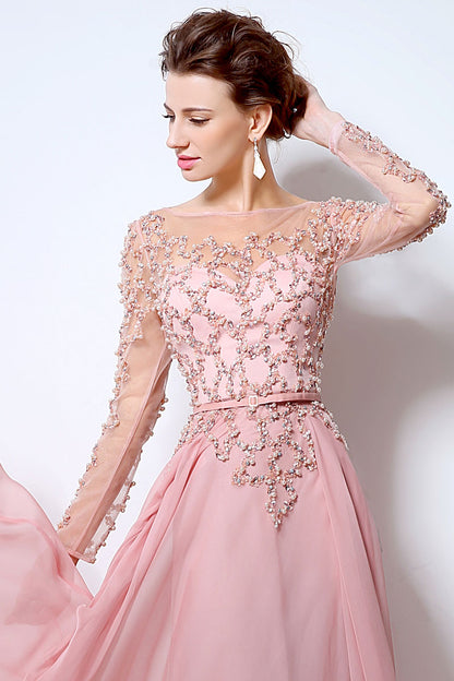 Pink Long Sleeves Chiffon Evening Dress Beaded Charming Prom Dress