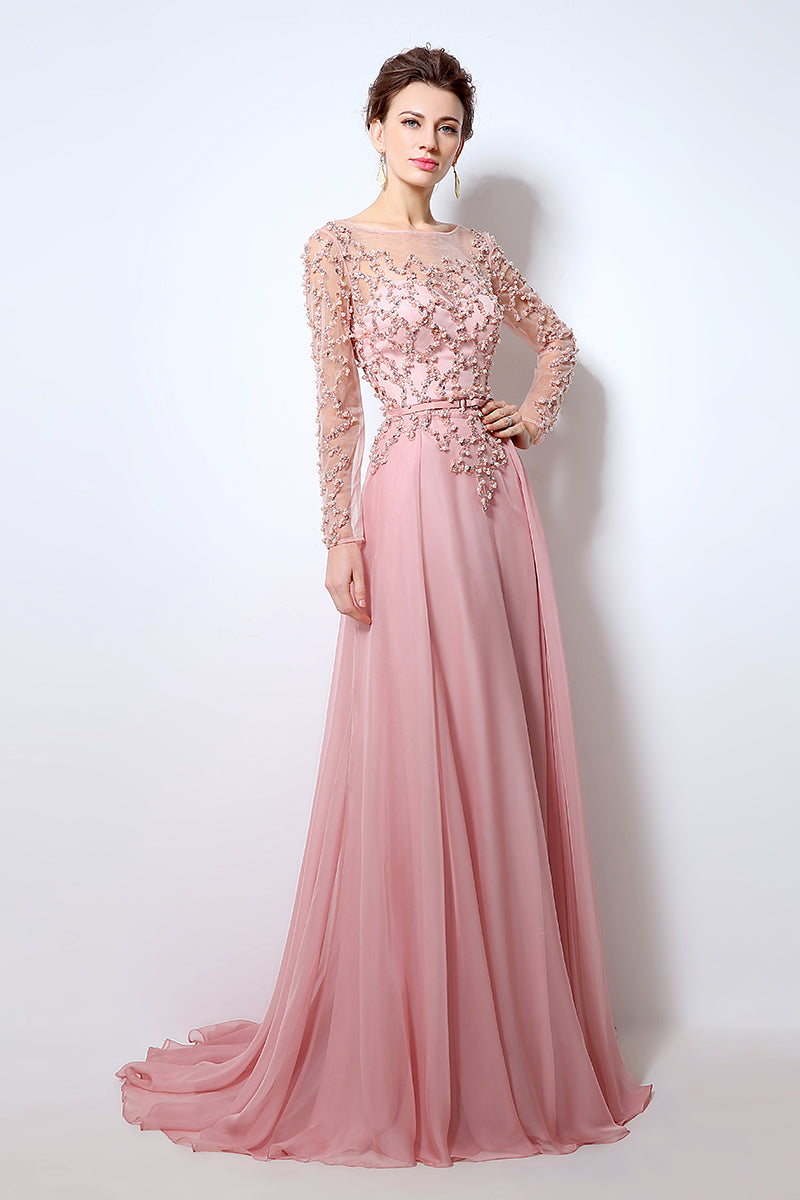 Pink Long Sleeves Chiffon Evening Dress Beaded Charming Prom Dress