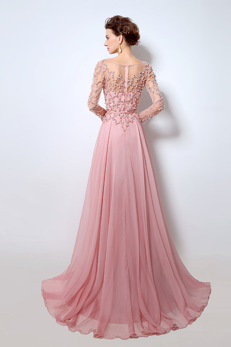 Pink Long Sleeves Chiffon Evening Dress Beaded Charming Prom Dress