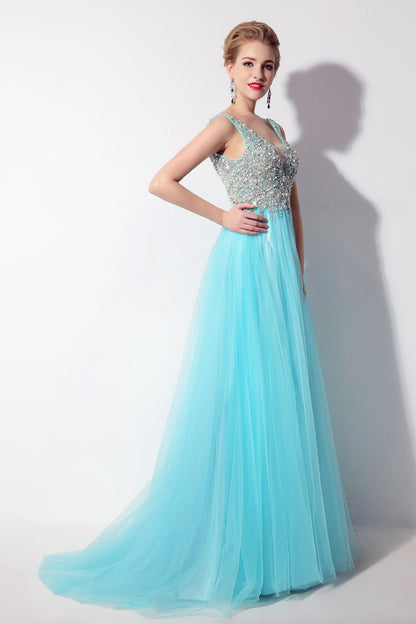 Light Blue Tulle Beaded Long Prom Dress V-neck Party Dress