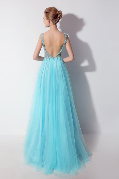 Light Blue Tulle Beaded Long Prom Dress V-neck Party Dress