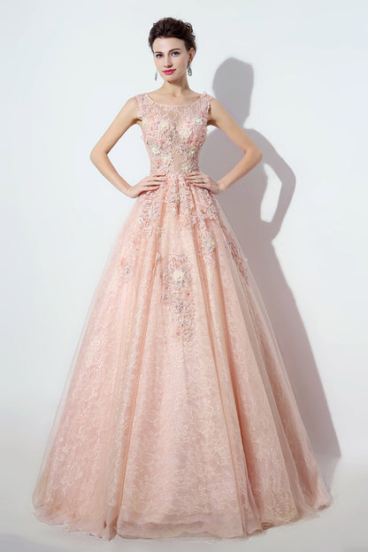 Light Pink Lace A-line Long Prom Dress Flower Appliques Ball Gown