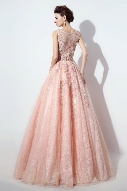 Light Pink Lace A-line Long Prom Dress Flower Appliques Ball Gown