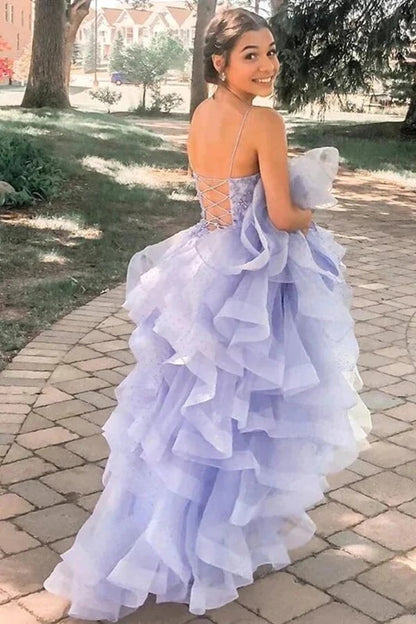 A-line Lavender Puffy Tulle Spaghetti Straps Prom Dresses, Evening Dresses