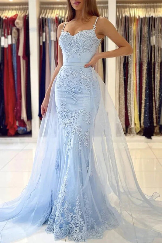 Lace Mermaid Light Blue Spaghetti Straps Prom Dresses, Evening Dresses