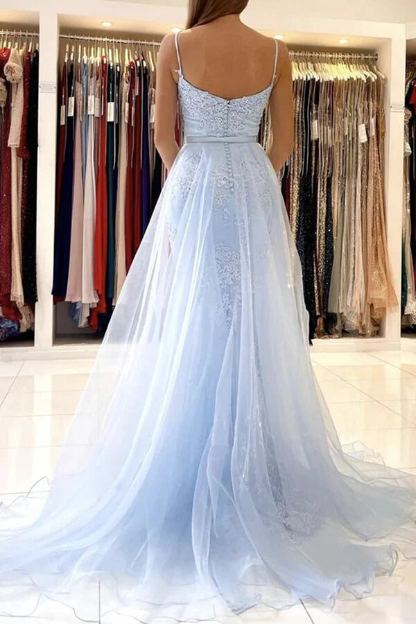 Lace Mermaid Light Blue Spaghetti Straps Prom Dresses, Evening Dresses