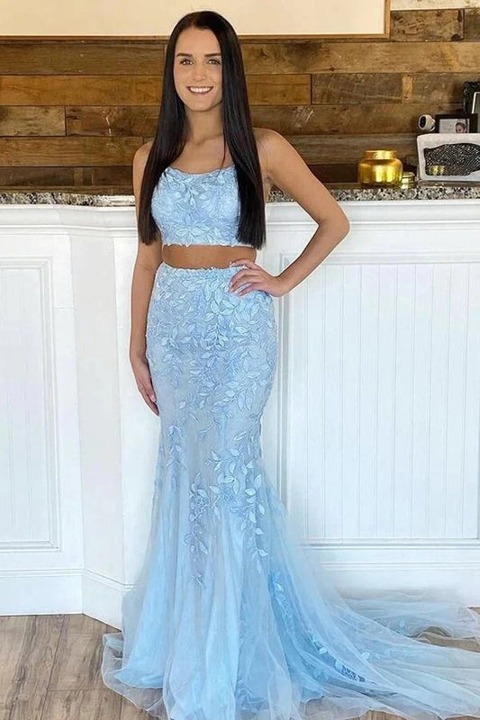 Light Blue Mermaid Two Piece Scoop Neck Lace Appliques Prom Dresses