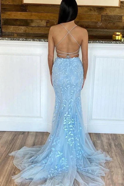 Light Blue Mermaid Two Piece Scoop Neck Lace Appliques Prom Dresses