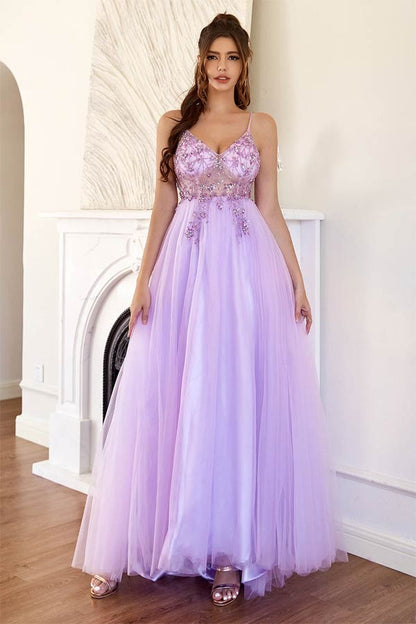 Long Lilac Tulle A-line Prom Dresses With Beading, Long Formal Dresses