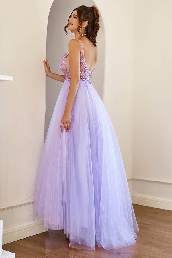 Long Lilac Tulle A-line Prom Dresses With Beading, Long Formal Dresses