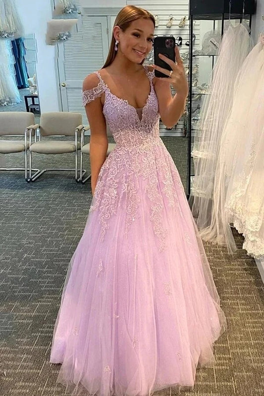 A-line V-neck Lilac Tulle Prom Dresses With Lace Appliques, Evening Dresses