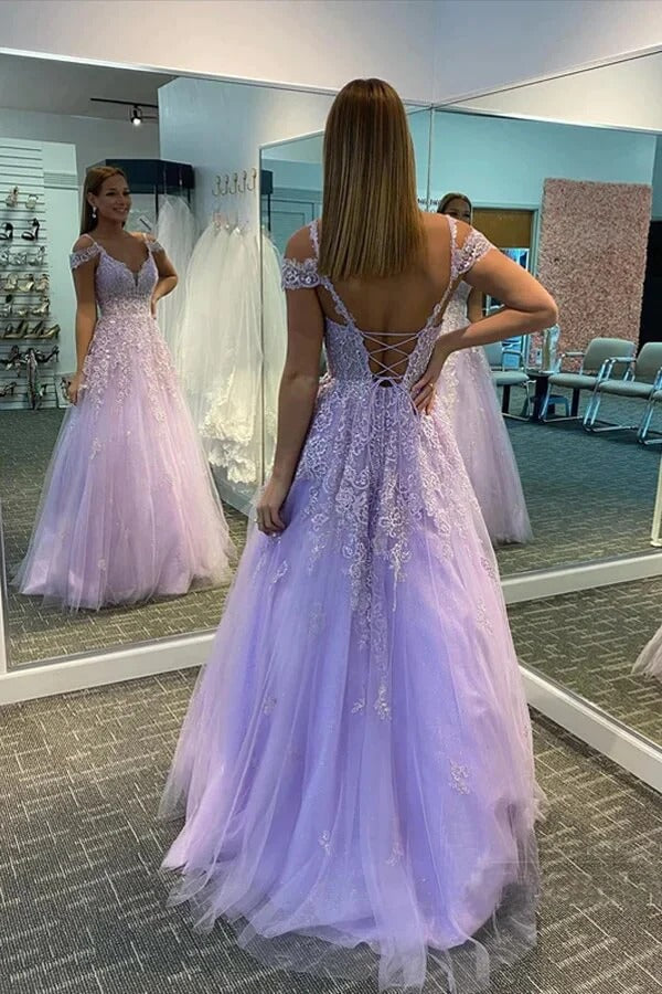 A-line V-neck Lilac Tulle Prom Dresses With Lace Appliques, Evening Dresses,BD930714