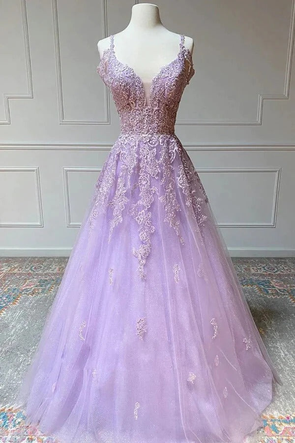 A-line V-neck Lilac Tulle Prom Dresses With Lace Appliques, Evening Dresses,BD930714