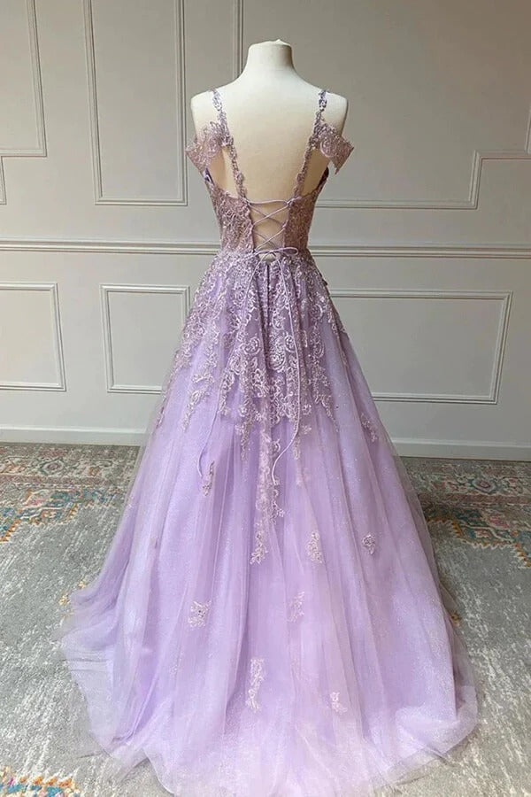A-line V-neck Lilac Tulle Prom Dresses With Lace Appliques, Evening Dresses,BD930714