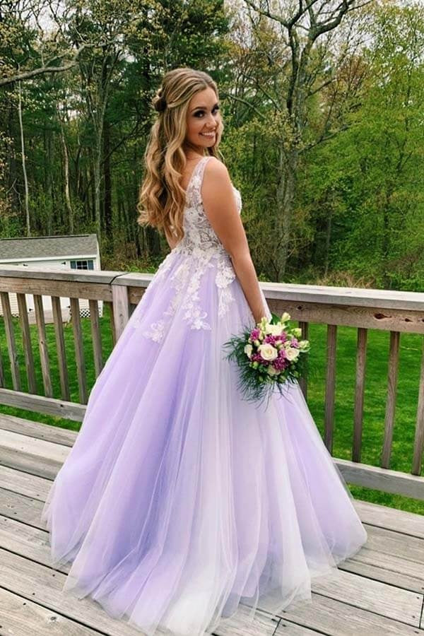 V-neck Open Back Lilac Tulle Lace A-line Prom Dresses, Long Formal Dress