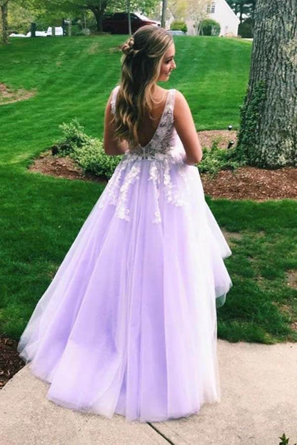 V-neck Open Back Lilac Tulle Lace A-line Prom Dresses, Long Formal Dress