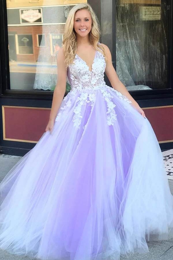 V-neck Open Back Lilac Tulle Lace A-line Prom Dresses, Long Formal Dress