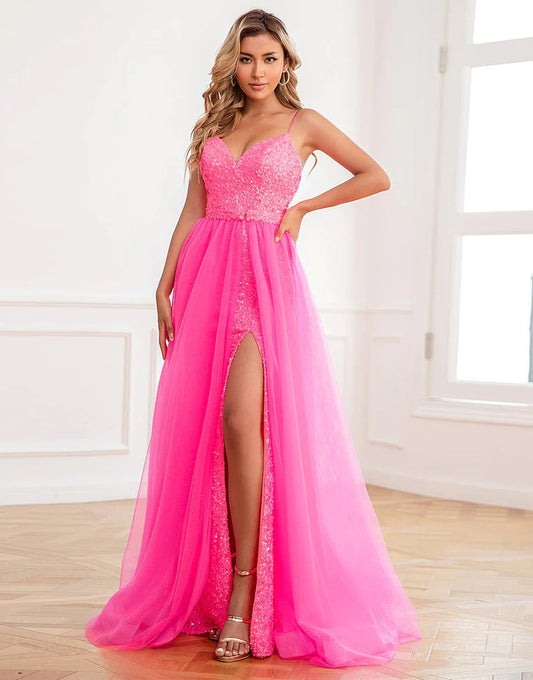 Detachable Pink Sequin Prom Dresses with Split Front