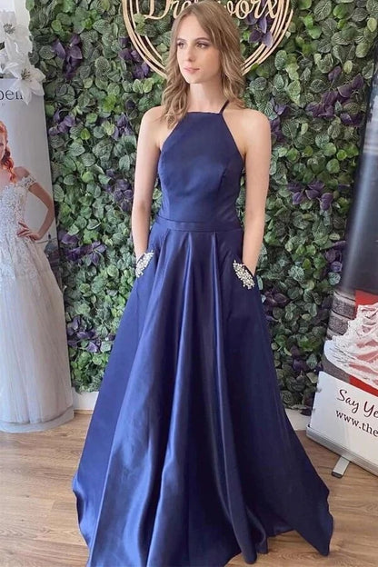 Navy Blue Satin A-line Lace Up Back Simple Prom Dresses