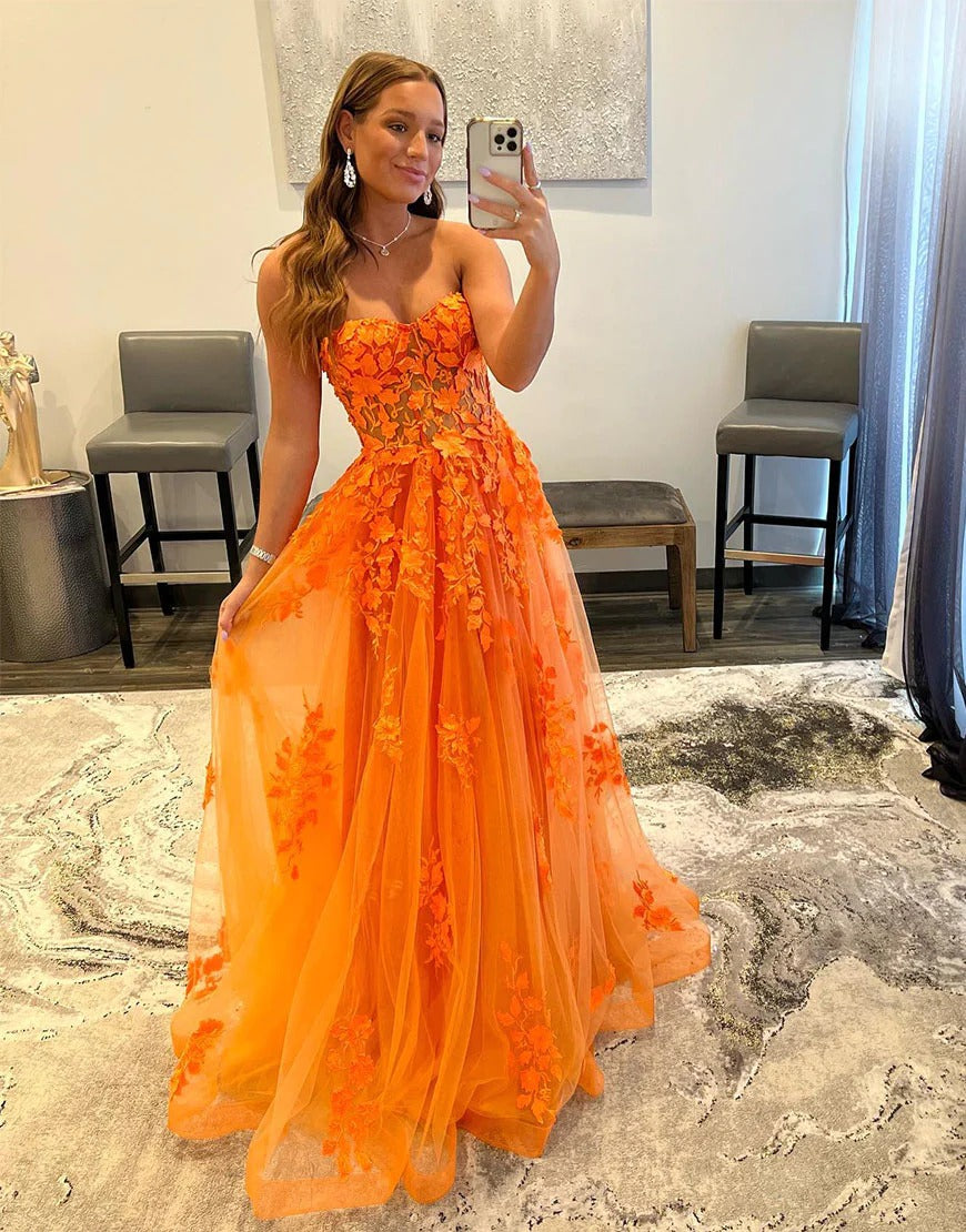 A Line  Long Orange Appliques Sweetheart Prom Dresses