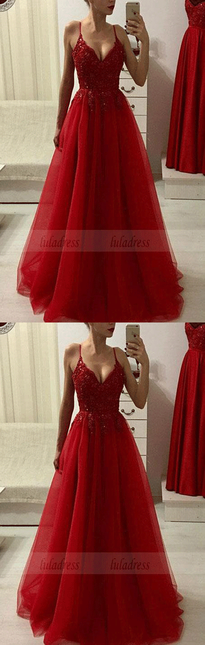 Red v neck lace tulle long prom dress, red evening dress