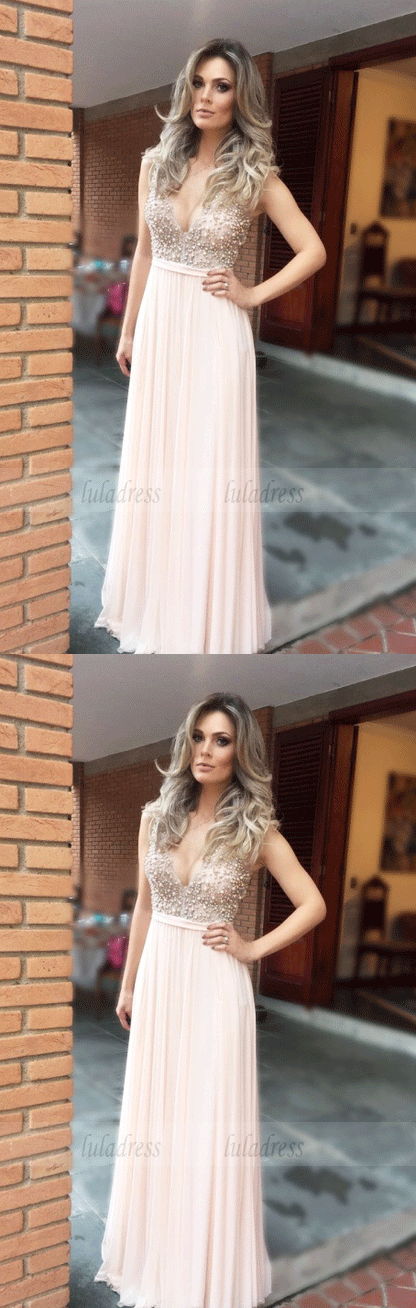 V Neck Long Prom Dress with beading