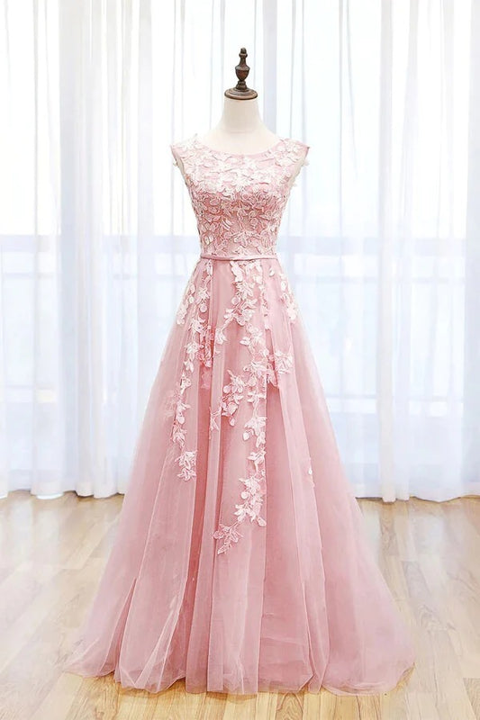 Pink Tulle Scoop Lace A-line Prom Dresses, Long Formal Dresses