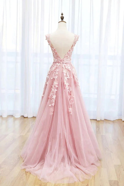 Pink Tulle Scoop Lace A-line Prom Dresses, Long Formal Dresses