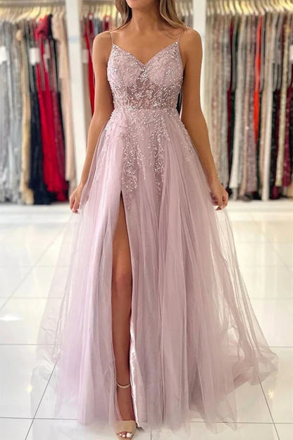 V-neck Pink Tulle A-line Beaded Prom Dresses, Evening Dresses